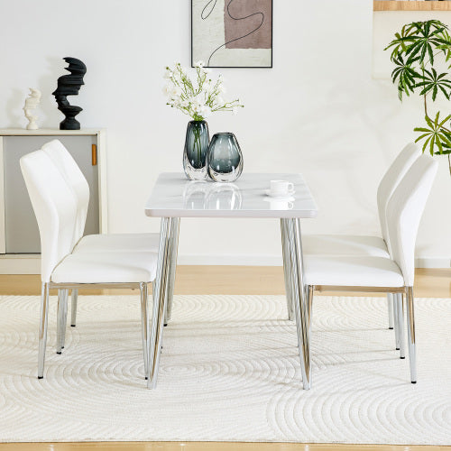 5-Piece Marble Glass Dining Set, Double-Layer Table & 4 White PU Shell Pattern Chairs