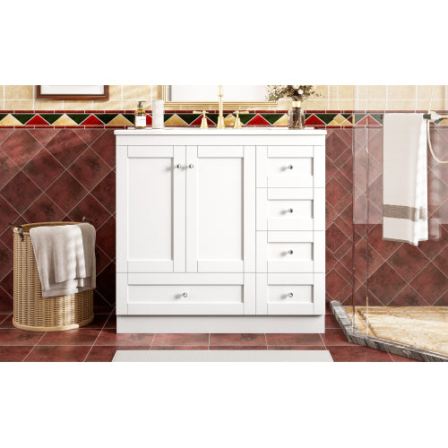 36 inch Shaker Style Free-Standing Bathroom Vanity Cabinet with Ceramic Sink, 4 Soft-close Drawers and 2 Soft-close doors
