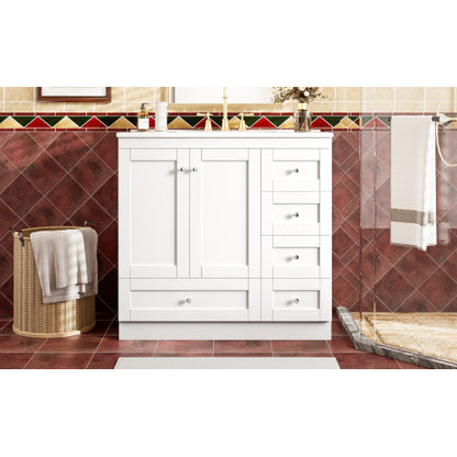 36 inch Shaker Style Free-Standing Bathroom Vanity Cabinet with Ceramic Sink, 4 Soft-close Drawers and 2 Soft-close doors