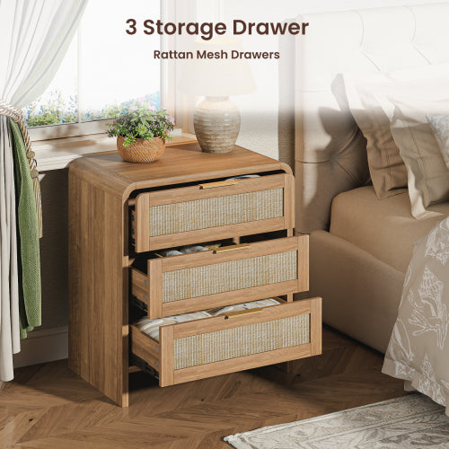 Rattan Nightstand with 3 Drawers, 22.8inch  Wide Curved Wooden Bedside Table, Modern Storage for Bedroom, Caramel Oak.