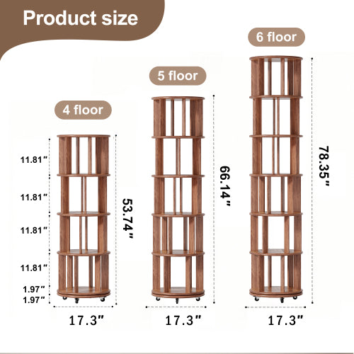 5-Tier Solid Wood Rotating Bookshelf with Wheels Walnut