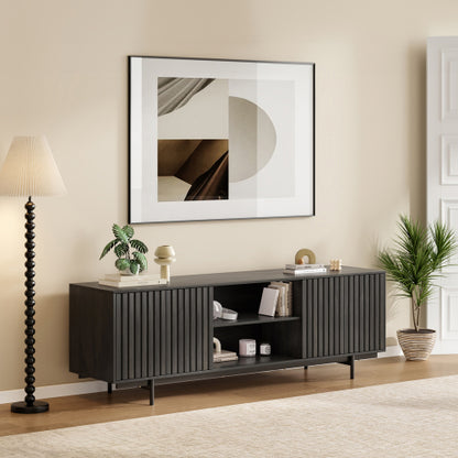 63 Inch Mid Century Fluted Retro Pop-Up Door TV Stand for 75 Inch TV with Removable Storage Shelves