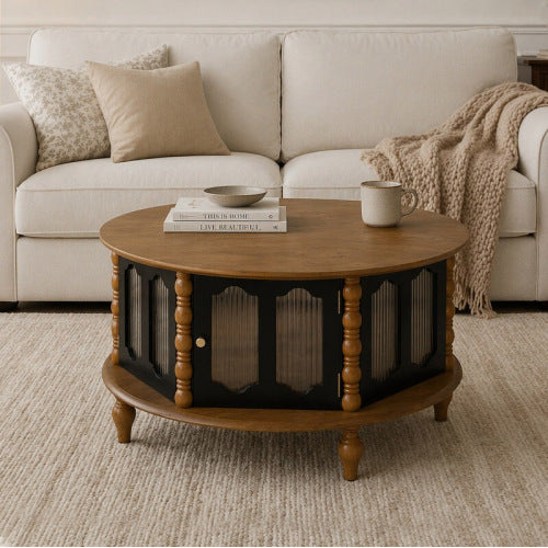 31.5inch  Round Wooden Coffee Table with Glass Doors, Walnut & Black