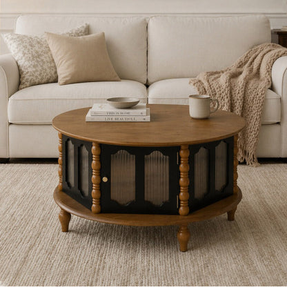 31.5inch  Round Wooden Coffee Table with Glass Doors, Walnut & Black