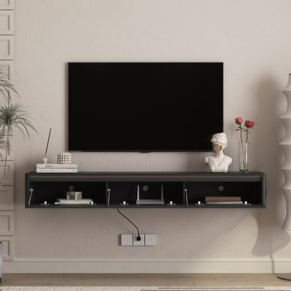 Black Floating Wall Mount High Gloss TV Cabinet with Touch LED Light Strip & Built-in Power Outlet