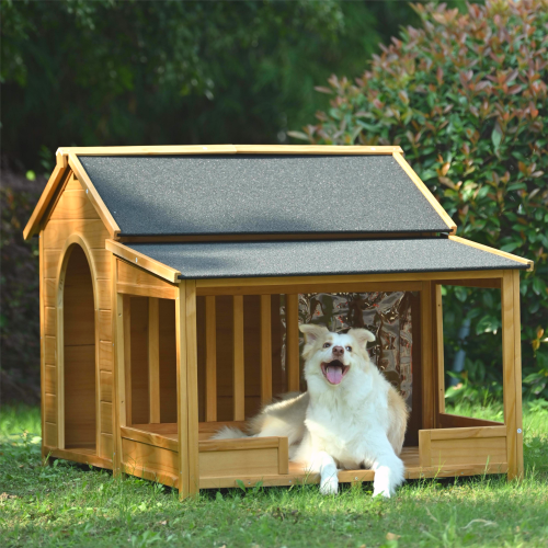 60.2inch Large Wooden Dog House with Porch Cabin Style Dog Crate with Asphalt Roof Nature