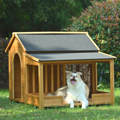 60.2inch Large Wooden Dog House with Porch Cabin Style Dog Crate with Asphalt Roof Nature