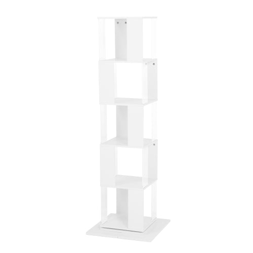 5-Tier 360° Rotating Bookshelf Wood Veneer & Acrylic Panel Anti-Tip Base Modern Home Display Storage Rack