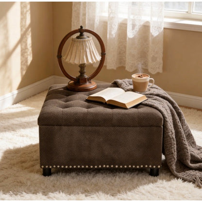 Dark Brown Tufted Square Storage Ottoman with Nailhead Trim, Upholstered Accent Foot Stool