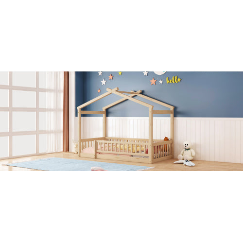Twin Size Wood Bed House Bed Frame with Fence, for Kids, Teens, Girls, Boys,Natural
