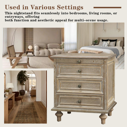 Farmhouse Nightstands with 4 Drawer,Wood Storage End Table with Hidden Pull-Out Shelf, Large Side Table with 4 Solid Wood Feet and Metal Handle,Easy Assembly,Natural
