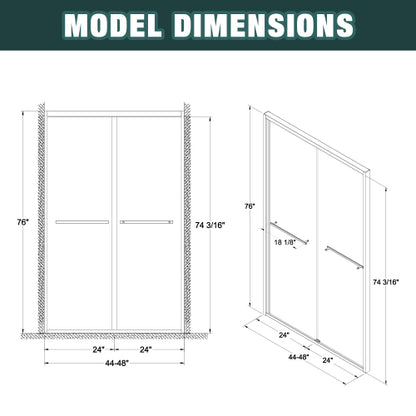 44-48"x76" Aluminum Frame Double Sliding Shower Door,Bypass Bathroom Sliding Door with Premium 1/4" (6mm) Clear Tempered Glass, Chrome Hardware Sliding Glass Shower Enclosure,Chrome Finished