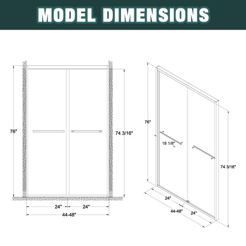 44-48"x76" Aluminum Frame Double Sliding Shower Door,Bypass Bathroom Sliding Door with Premium 1/4" (6mm) Clear Tempered Glass, Chrome Hardware Sliding Glass Shower Enclosure,Chrome Finished
