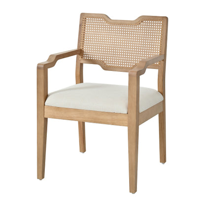 Set of 2 Natural Rubber Wood Farmhouse Rattan Back Arm Dining Chairs, Beige Fabric Upholstered 300 LBS Capacity