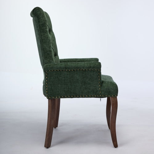 Single Olive Green Chenille Tufted Arm Dining Chair, Curved Hand Sanded Solid Wood Legs 300lbs Capacity