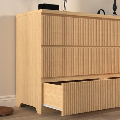 Modern Natural Wood 6 Drawer Dresser, Wave Panel Drawer Fronts, Storage Cabinet, Versatile Chest of Drawers for Bedroom, Living Room - Sleek & Spacious Home Storage Solution