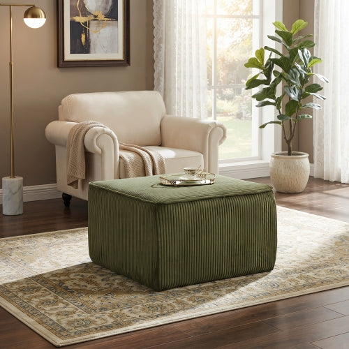Square Corduroy Ottoman with Foam Padding, Olive Green