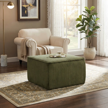 Square Corduroy Ottoman with Foam Padding, Olive Green
