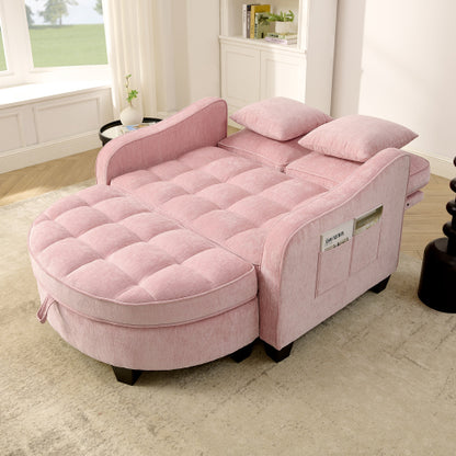 Pink 2-Seater Sofa Chaise, Irregular Armrest, Storage Footrest & 2 Pillows