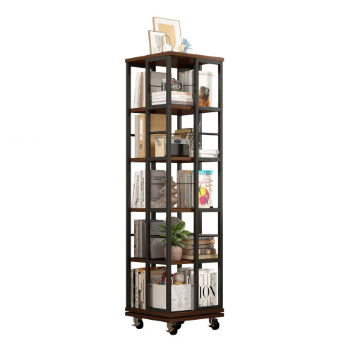 5-Tier Rotating Corner Bookcase 360¡ã Wood Display Shelf Rustic Brown