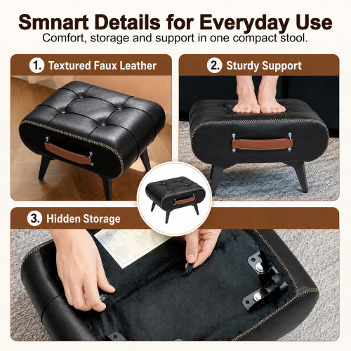 Rectangular Tufted Faux Leather Storage Ottoman with Handle & Metal Legs, Multiuse Footrest for Entryway & Small Apartment