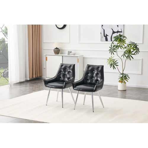 Set of 2 Black Crocodile Pattern PU Dining Chairs, Diamond Tuft Chrome Metal Leg Luxury Accent Chairs