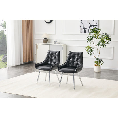Set of 2 Black Crocodile Pattern PU Dining Chairs, Diamond Tuft Chrome Metal Leg Luxury Accent Chairs