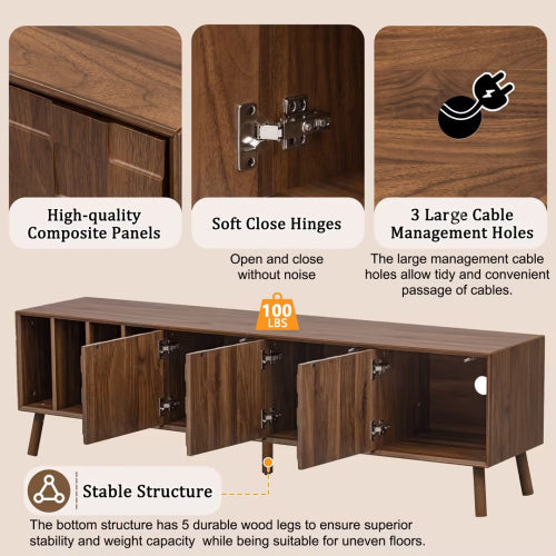 68 inch Mid-Century Modern TV Stand with Solid Wood Legs, Storage Cabinets & Open Shelves