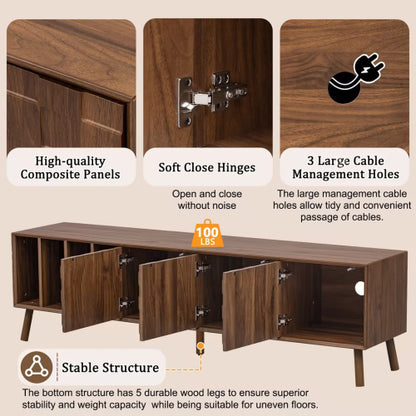 68 inch Mid-Century Modern TV Stand with Solid Wood Legs, Storage Cabinets & Open Shelves