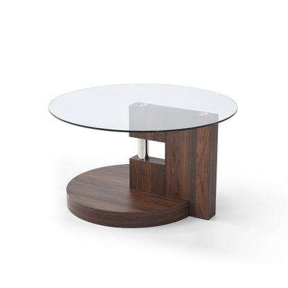Double-Layer Round Coffee Table, Glass Top & Walnut MDF Legs, 220lbs Capacity