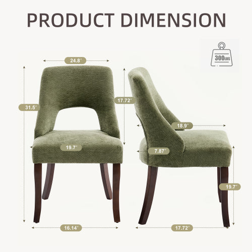 Set of 2 Green Tufted Chenille Dining Chairs, Curved Rubberwood Legs 300lbs Capacity Space Saving Design