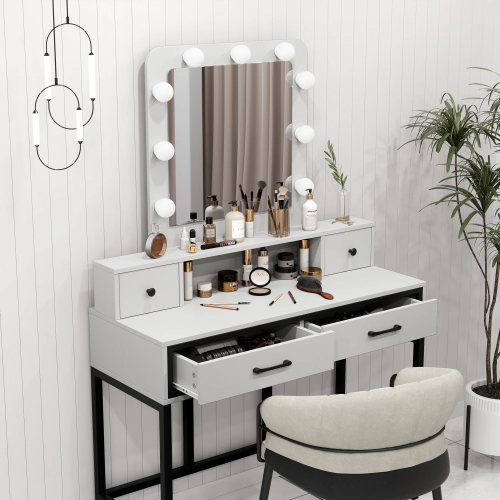 Brown Vanity Desk with Hollywood Mirror & Lights, 3 Color Dimmable 10 Brightness Levels, 4 Drawers, Large Dressing Table, White