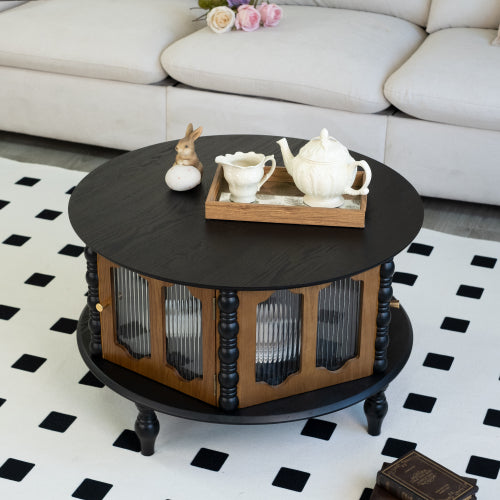 31.5inch  Black & Walnut Vintage Storage Coffee Table with Glass Doors