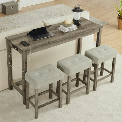 59 Inch Bar Table, Dining Table, Sofa Table with Power Outlet, 3 Upholstered Stools, 4 Piece Bar Table and Chair Set for Living Room, Dining Room, Kitchen