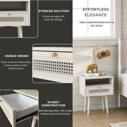 Cream White Dual-Tier Woven Nightstand