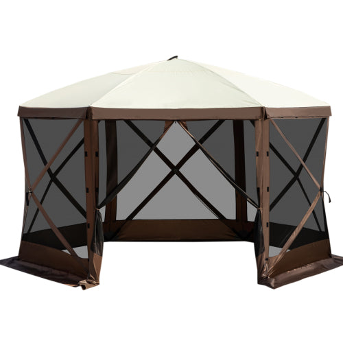 Camping Gazebo Screen Tent, 12*12ft, 6 Sided Pop-up Canopy Shelter Tent with Mesh Windows, Portable Carry Bag, Stakes, Large Shade Tents for Outdoor Camping, Lawn and Backyard, Brown/Beige