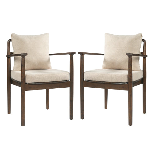 Set of 2 Mid-Century Walnut Rubberwood Dining Arm Chairs, Beige Fabric Cushion