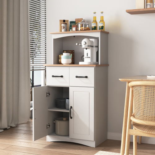 White Kitchen Pantry Cabinet with Microwave Shelf Drawer and Adjustable Storage