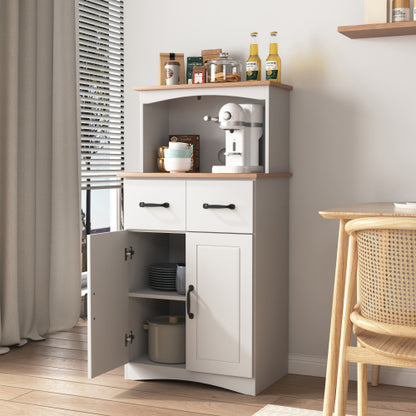 White Kitchen Pantry Cabinet with Microwave Shelf Drawer and Adjustable Storage