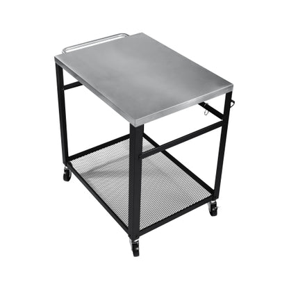 2-Tier Outdoor Grill Cart with Stainless Steel Top, Locking Wheels & Tool Hooks, Movable BBQ Prep Table with Mesh Shelf, Rolling Serving Bar Cart for Patio, Backyard, Pizza Oven Stand, Black