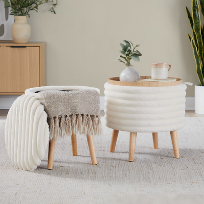Set of 2 Storage Ottoman Faux Fur Accent Stools with Natural Wood Finish