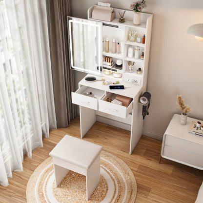 White Small Makeup Vanity Desk with Mirror & LED Lights, Power Outlet, Hidden Storage, Padded Stool & Shelf