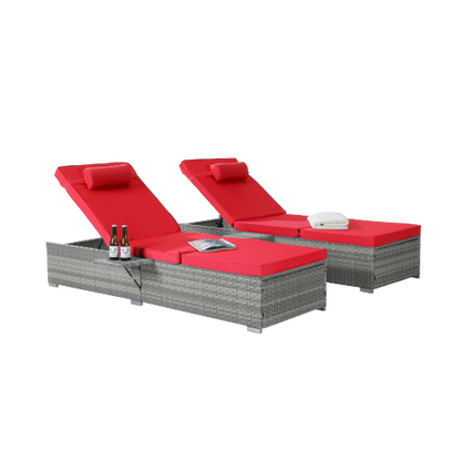 Outdoor Chaise Lounge Chair Set of 2 with Patio Pool Chairs Tanning Lounges for Outside,Beach Rattan Recliners with Adjustable Backrest, Table, Cushion for Poolside Backyard Garden