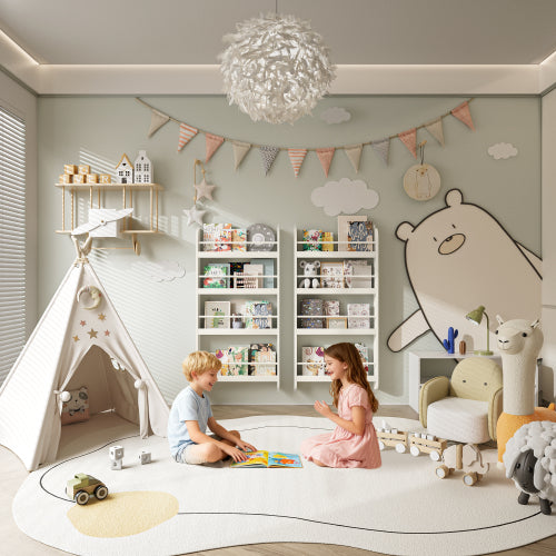 4-Tier Wall-Mounted Kids Bookshelf Anti-Tip Design High Safety Space-Saving Nursery Toy Book Organizer