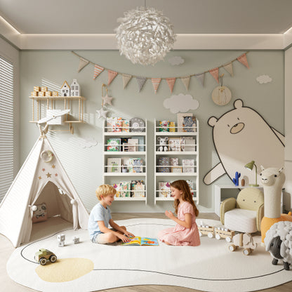 4-Tier Wall-Mounted Kids Bookshelf Anti-Tip Design High Safety Space-Saving Nursery Toy Book Organizer