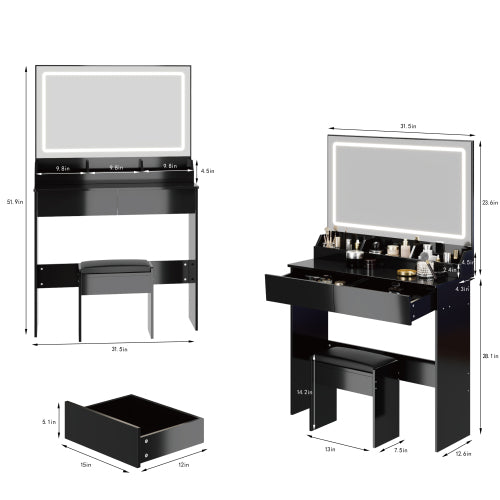 31" x 20" Extra Large LED Mirror Makeup Vanity Table + Soft Cushion Stool Suit, Touch Switch, 3 colors, Adjustable Brightness, Large Capacity Storage, Compact Dressing Table Suitable For Small Space