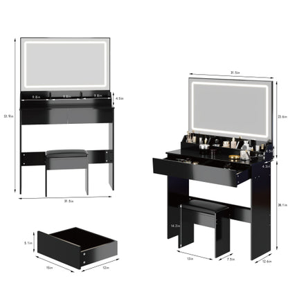 31" x 20" Extra Large LED Mirror Makeup Vanity Table + Soft Cushion Stool Suit, Touch Switch, 3 colors, Adjustable Brightness, Large Capacity Storage, Compact Dressing Table Suitable For Small Space