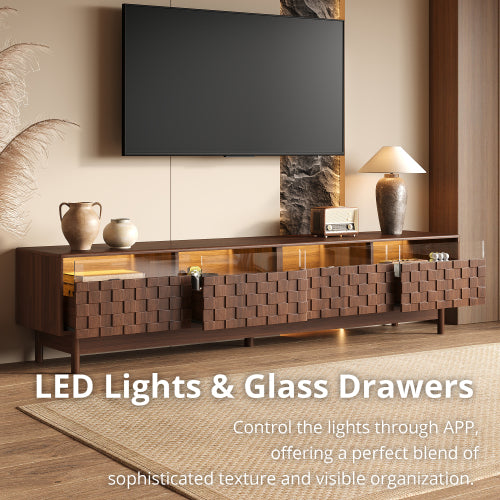 78.7 inch Walnut LED Light Glass Drawer TV Stand Solid Rubber Wood Leg Console Holds 85 inch TV