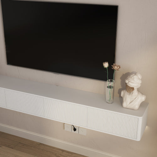 White Floating Wall Mount High Gloss TV Stand with 16 Color LED Lights & Power Outlet