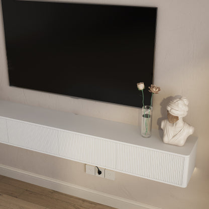 White Floating Wall Mount High Gloss TV Stand with 16 Color LED Lights & Power Outlet